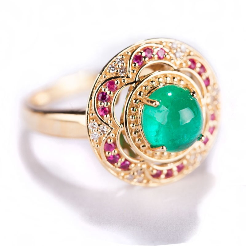 14k Gold 1.25 Ct Natural Emerald & Diamond & Ruby Ring - 4
