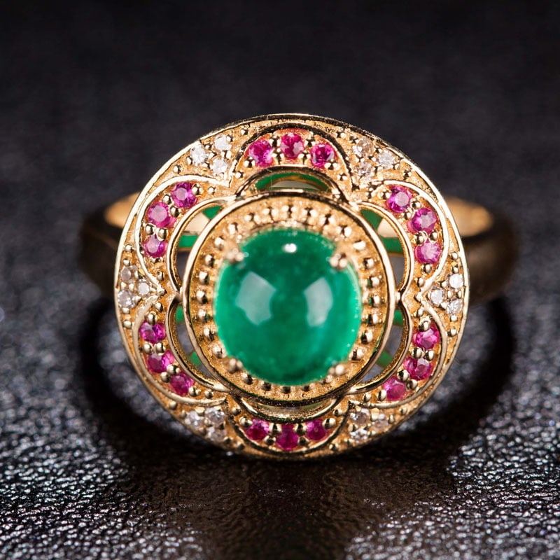 14k Gold 1.25 Ct Natural Emerald & Diamond & Ruby Ring - 5
