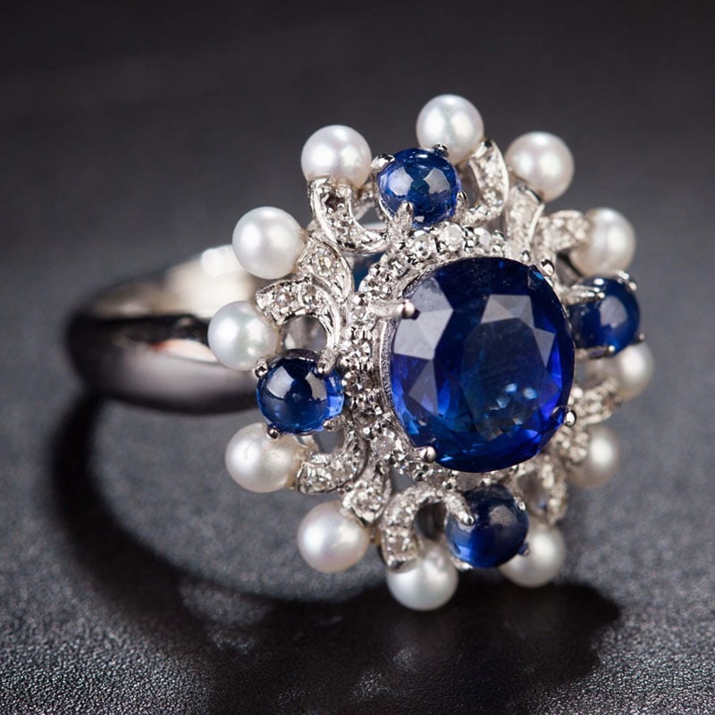 14k Gold 2.57 Ct Natural Sapphire & Diamond & Sapphire & Pearl Ring/pendant( Without Chain ): Ref:231030048 // gold content:14k gold // ring size:7. 25us // // main gemstone:sapphire // shape:oval // carat weight:2. 57ct // color:blue // treatment:natural // // adjacent gemstone 2 : diamond