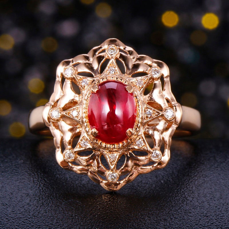 14k Gold 1.21 Ctw Natural Ruby & Diamond Ring: Ref:231030051 // gold content:14k gold // ring size:7. 25us // // main gemstone:ruby // shape:oval // carat weight:1. 15ct // color:red // treatment:natural // // adjacent gemstone 2 : diamond //