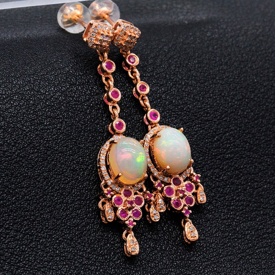 14k Gold 2.1 Ct Natural Opal & Ruby & Diamond Earrings - 3