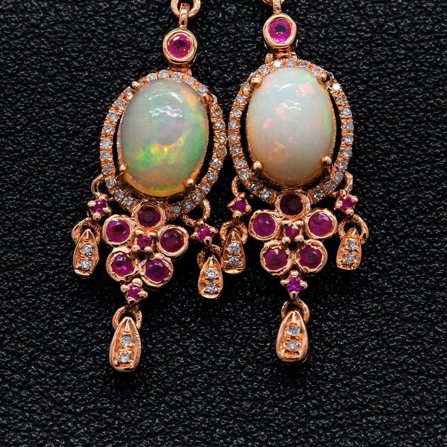 14k Gold 2.1 Ct Natural Opal & Ruby & Diamond Earrings - 4