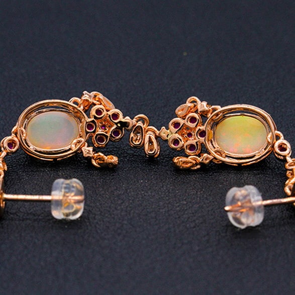 14k Gold 2.1 Ct Natural Opal & Ruby & Diamond Earrings - 5