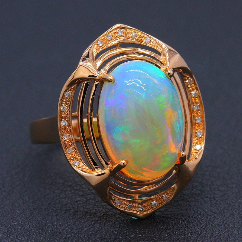 14k Gold 5.62 Ctw Natural Opal & Diamond Ring - 2