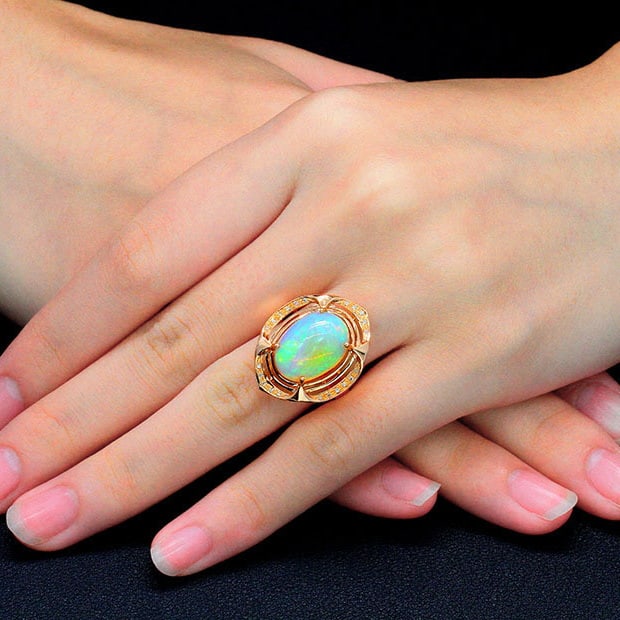 14k Gold 5.62 Ctw Natural Opal & Diamond Ring - 5