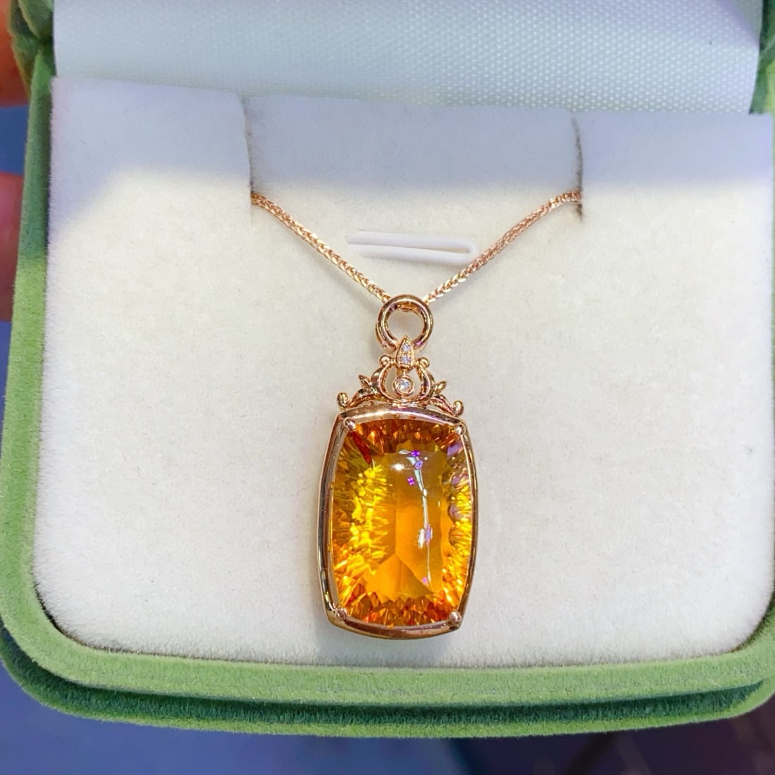 14k Gold 10.3 Ct Natural Citrine & Diamond Pendant( Without Chain ): Ref:231030082 // gold content:14k gold // main gemstone:citrine // shape:cushion // carat weight:10. 3ct // color:yellow // treatment:natural // // adjacent gemstone 2 : diamond // number of stones:3