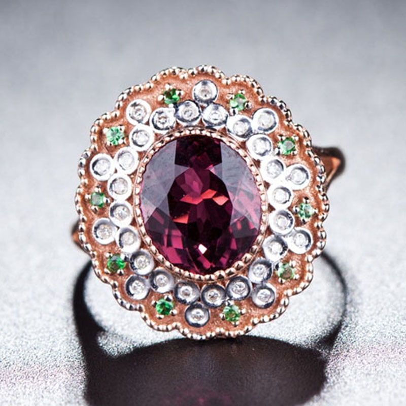 14k Gold 2.9 Ct Natural Tourmaline & Diamond & Tsavorite Ring: Ref:231030092 // gold content:14k gold // ring size:7. 25us // // main gemstone:tourmaline // shape:oval // carat weight:2. 9ct // color:red // treatment:natural // // adjacent gemstone 2 : diamond