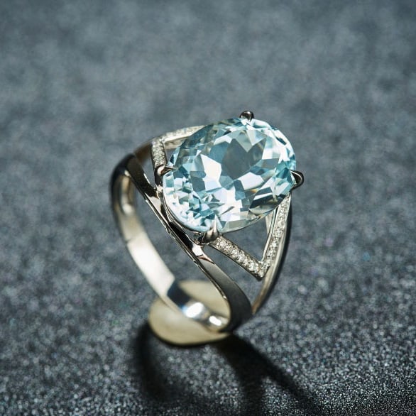 14k Gold 6.28 Ct Natural Aquamarine & Diamond Ring - 5