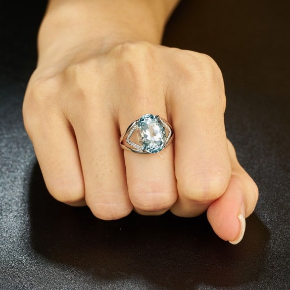 14k Gold 6.28 Ct Natural Aquamarine & Diamond Ring - 6
