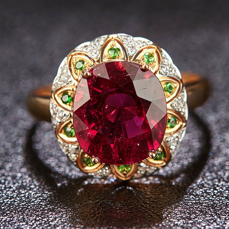 14k Gold 3.7 Ct Natural Tourmaline & Diamond & Tsavorite Ring: Ref:231030099 // gold content:14k gold // ring size:7. 25us // // main gemstone:tourmaline // shape:oval // carat weight:3. 7ct // color:red // treatment:natural // // adjacent gemstone 2 : diamond