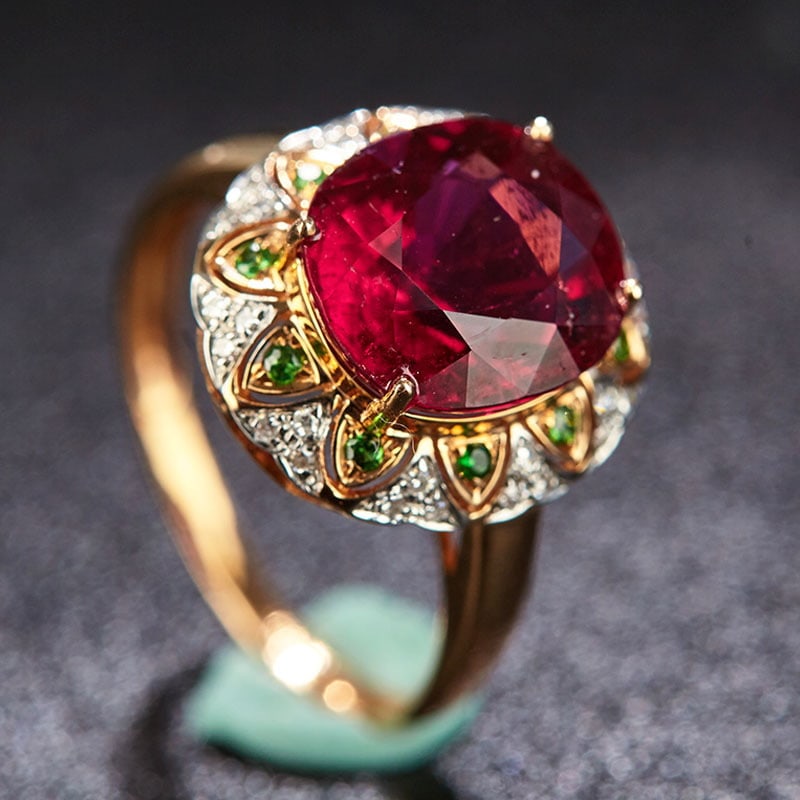 14k Gold 3.7 Ct Natural Tourmaline & Diamond & Tsavorite Ring - 2