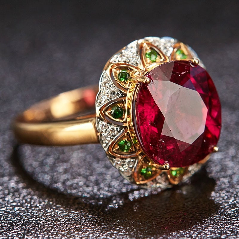 14k Gold 3.7 Ct Natural Tourmaline & Diamond & Tsavorite Ring - 3
