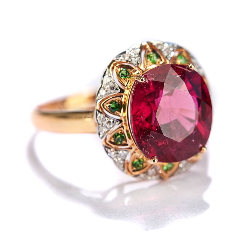 14k Gold 3.7 Ct Natural Tourmaline & Diamond & Tsavorite Ring - 4