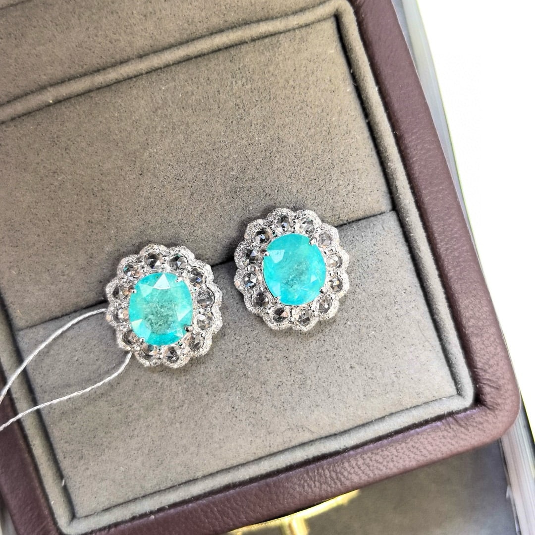 14k Gold 4.07 Ctw Natural Paraiba Tourmaline & Diamond Earrings - 2