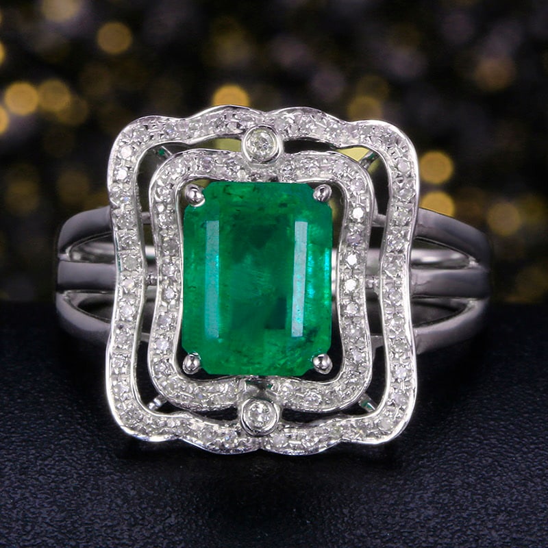 14k Gold 2.32 Ctw Vivid Green Natural Emerald & Diamond Ring: Ref:231030116 // gold content:14k gold // ring size:7. 25us // // main gemstone:emerald // shape:octagonal // carat weight:2. 10ct // color:vivid green // treatment:natural // // adjacent gemstone 2