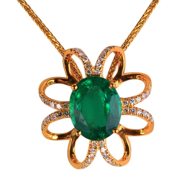 14k Gold 2.69 Ctw Vivid Green Natural Emerald & Diamond Pendant( Without Chain ) - 2
