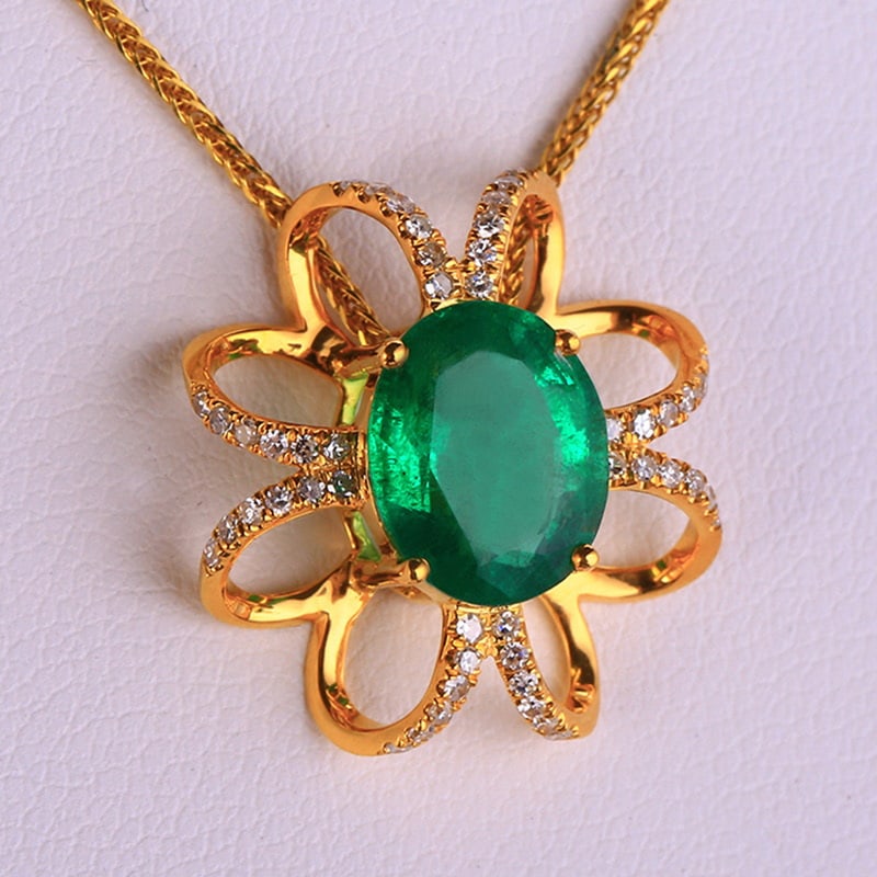 14k Gold 2.69 Ctw Vivid Green Natural Emerald & Diamond Pendant( Without Chain ) - 3