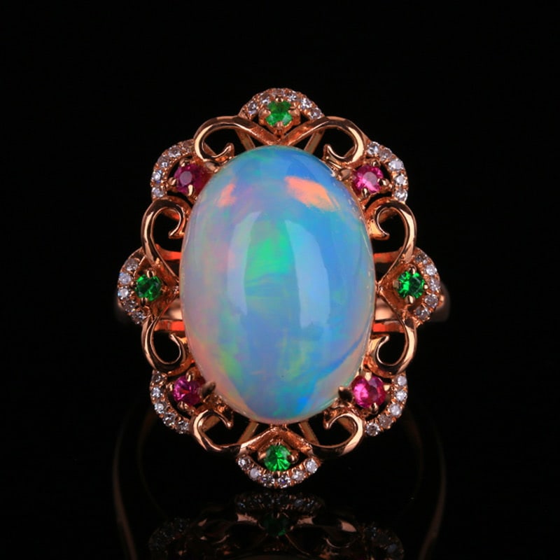 14k Gold 8.9 Ct Natural Opal & Diamond & Ruby & Tsavorite Ring: Ref:231030153 // gold content:14k gold // ring size:7. 25us // // main gemstone:opal // shape:oval // carat weight:8. 9ct // color:color // treatment:natural // // adjacent gemstone 2 : diamond //