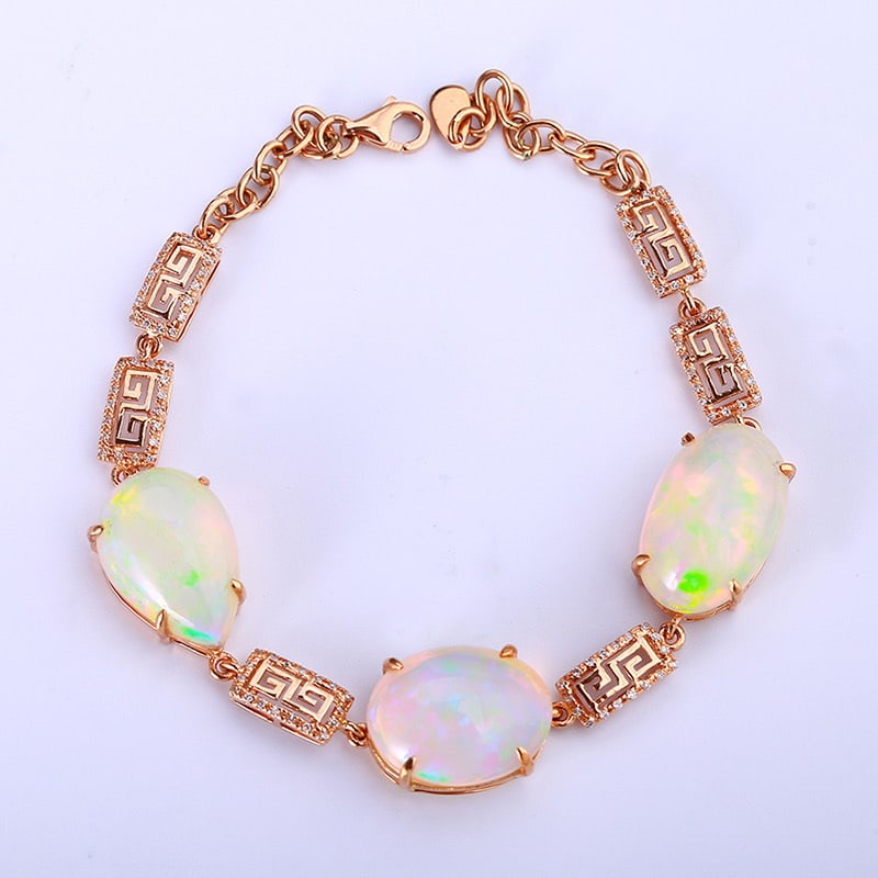 14k Gold 21.50 Ctw Natural Opal & Diamond Bracelet - 3