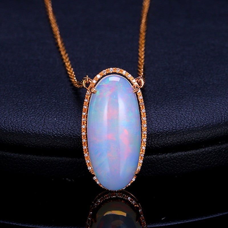14k Gold 8.22 Ctw Natural Opal & Diamond Necklace: Ref:231030155 // gold content:14k gold // main gemstone:opal // shape:oval // carat weight:8. 1ct // color:color // treatment:natural // // adjacent gemstone 2 : diamond // shape:round // carat