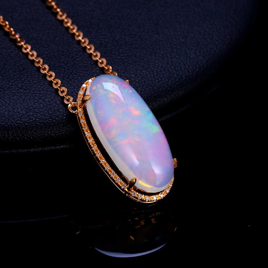14k Gold 8.22 Ctw Natural Opal & Diamond Necklace - 2