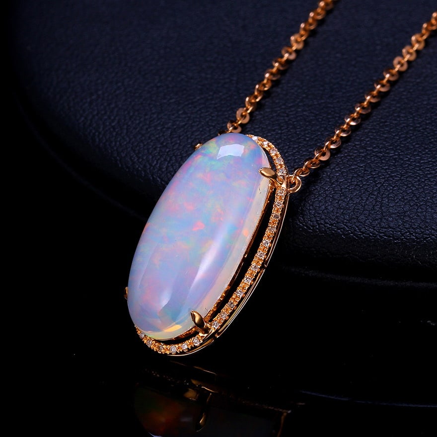14k Gold 8.22 Ctw Natural Opal & Diamond Necklace - 3