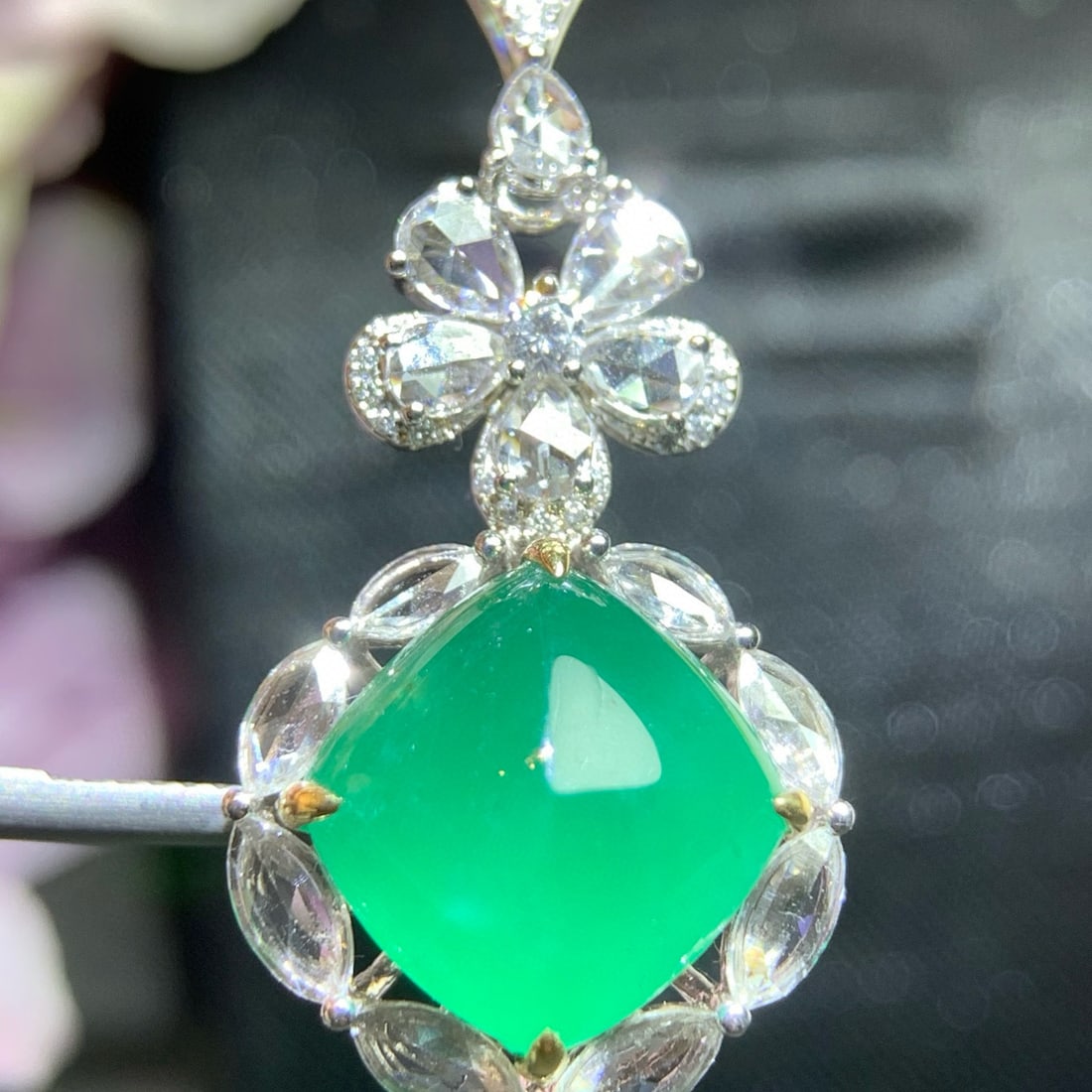 14k Gold 6.43 Ct Natural Emerald & Sapphire & Diamond Pendant( Without Chain ) - 2