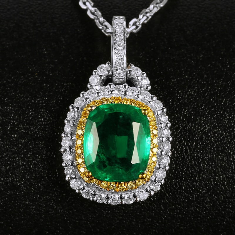 14k Gold 1.97 Ctw Vivid Green Natural Emerald & Diamond Pendant( Without Chain ): Ref:231030168 // gold content:14k gold // main gemstone:emerald // shape:cushion // carat weight:1. 58ct // color:vivid green // treatment:natural // // adjacent gemstone 2 : diamond // shape:round