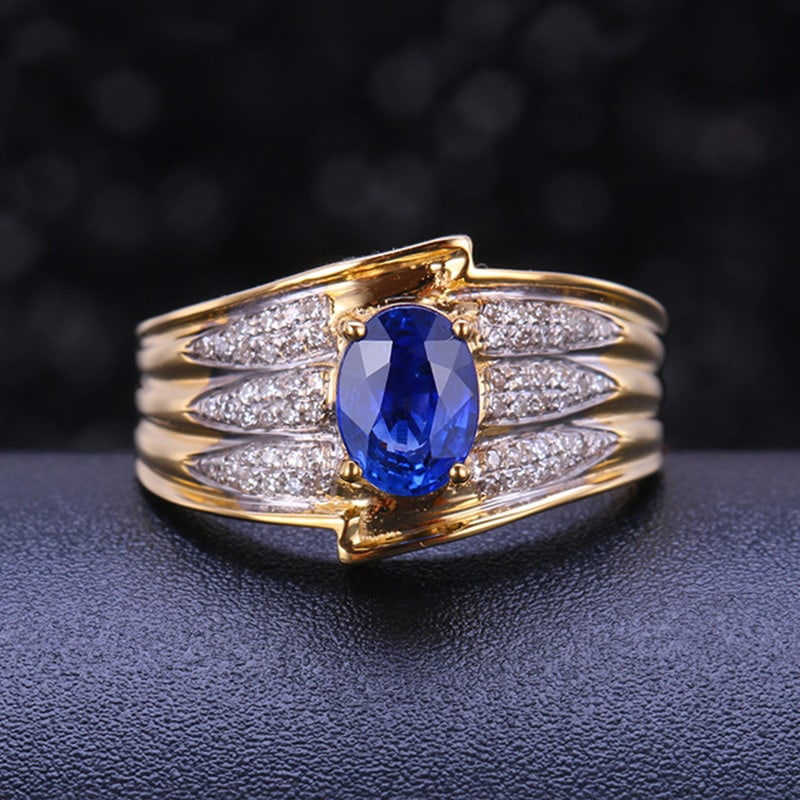 14k Gold 1.1 Ct Natural Sapphire & Diamond Ring: Ref:231030174 // gold content:14k gold // ring size:7. 25us // // main gemstone:sapphire // shape:oval // carat weight:1. 1ct // color:blue // treatment:natural // // adjacent gemstone 2 : diamond //