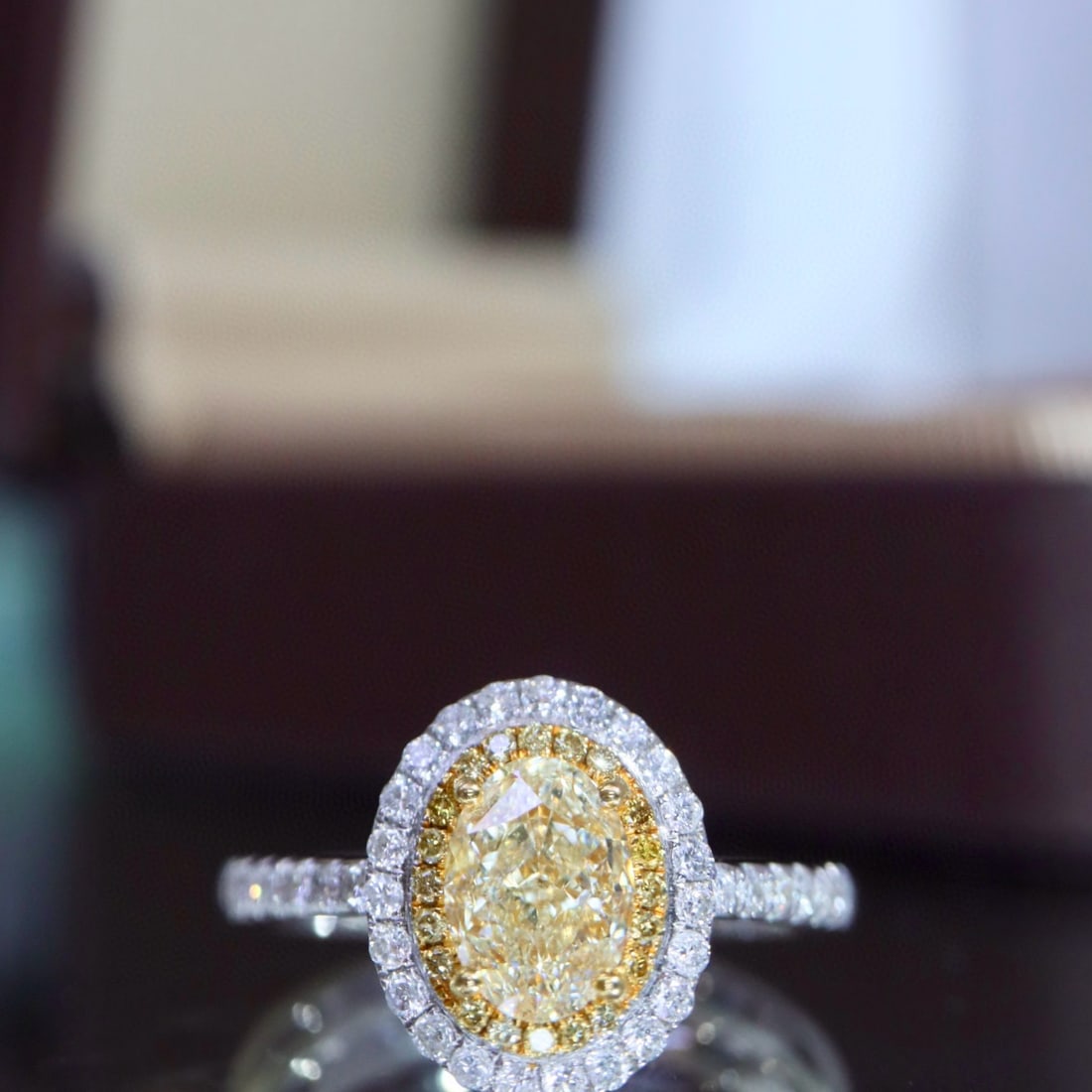 14k Gold 1.49 Ctw Natural Yellow Diamond & Diamond Ring: Ref:231030214 // gold content:14k gold // ring size:7. 25us // // main gemstone:yellow diamond // shape:oval // carat weight:1. 12ct // color:yellow // treatment:natural // // adjacent gemstone 2 :