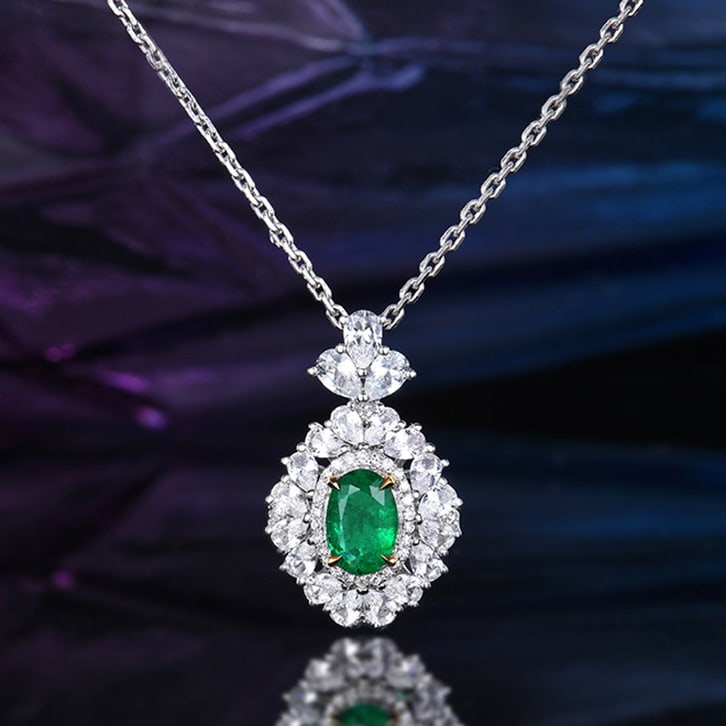 14k Gold 0.75 Ctw Vivid Green Natural Emerald & Diamond Pendant( Without Chain ): Ref:231030224 // gold content:14k gold // main gemstone:emerald // shape:oval // carat weight:0. 66ct // color:vivid green // treatment:natural // // adjacent gemstone 2 : diamond // number of
