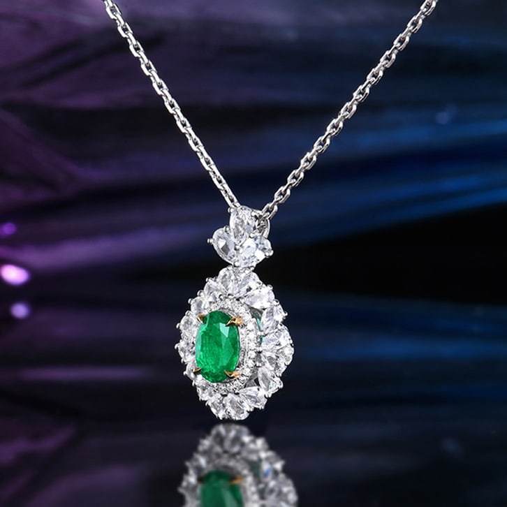 14k Gold 0.75 Ctw Vivid Green Natural Emerald & Diamond Pendant( Without Chain ) - 2