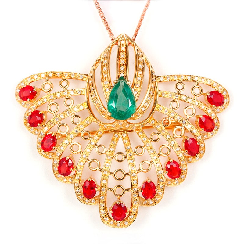 14k Gold 3.81 Ctw Natural Emerald & Ruby Brooch/pendant( Without Chain ) - 2
