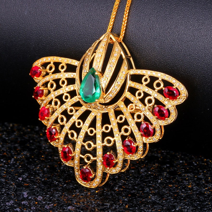14k Gold 3.81 Ctw Natural Emerald & Ruby Brooch/pendant( Without Chain ) - 3