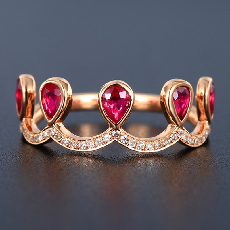 14k Gold 0.9 Ct Natural Ruby & Diamond Ring: Ref:231030226 // gold content:14k gold // ring size:7. 25us // // main gemstone:ruby // shape:pear // carat weight:0. 9ct // color:red // treatment:natural // // adjacent gemstone 2 : diamond //