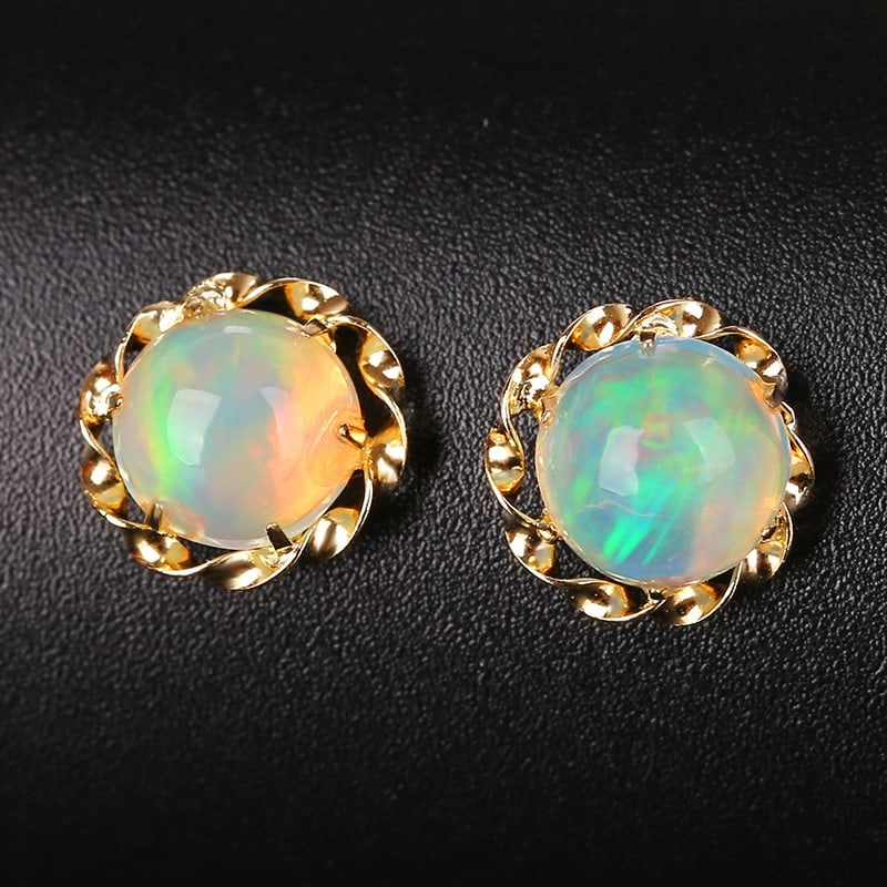 14k Gold 1 Ct Natural Opal Earrings - 3