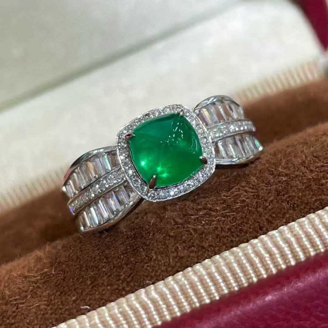 14k Gold 1.2 Ct Vivid Green Natural Emerald & Diamond & Sapphire Ring - 5