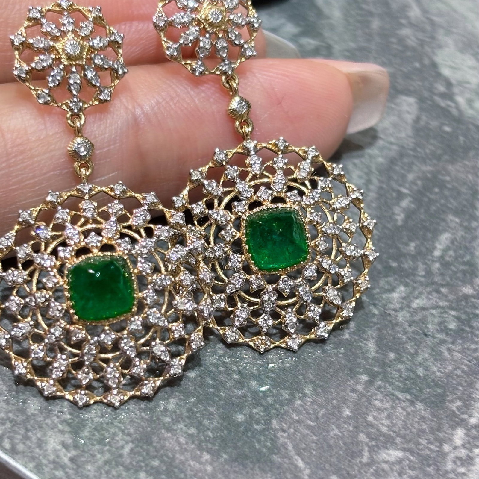 14k Gold 2 Ct Vivid Green Natural Emerald & Diamond Earrings - 2