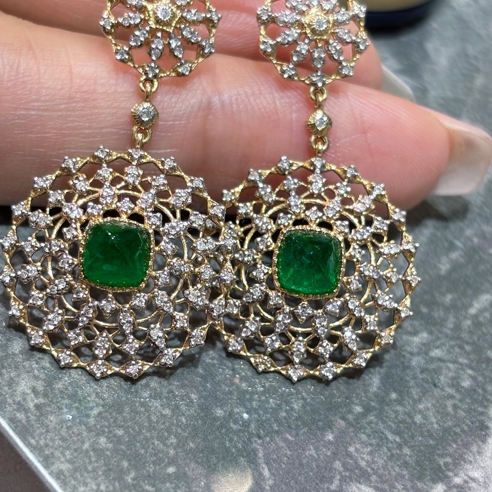 14k Gold 2 Ct Vivid Green Natural Emerald & Diamond Earrings - 3