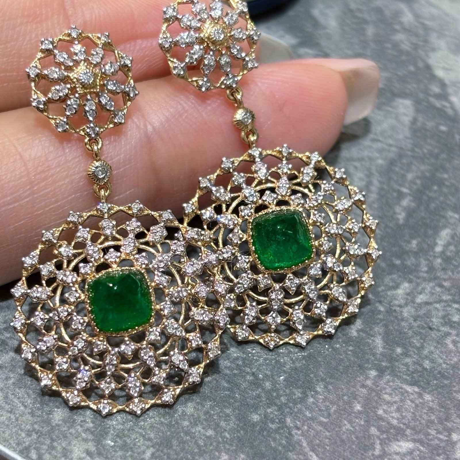 14k Gold 2 Ct Vivid Green Natural Emerald & Diamond Earrings - 4