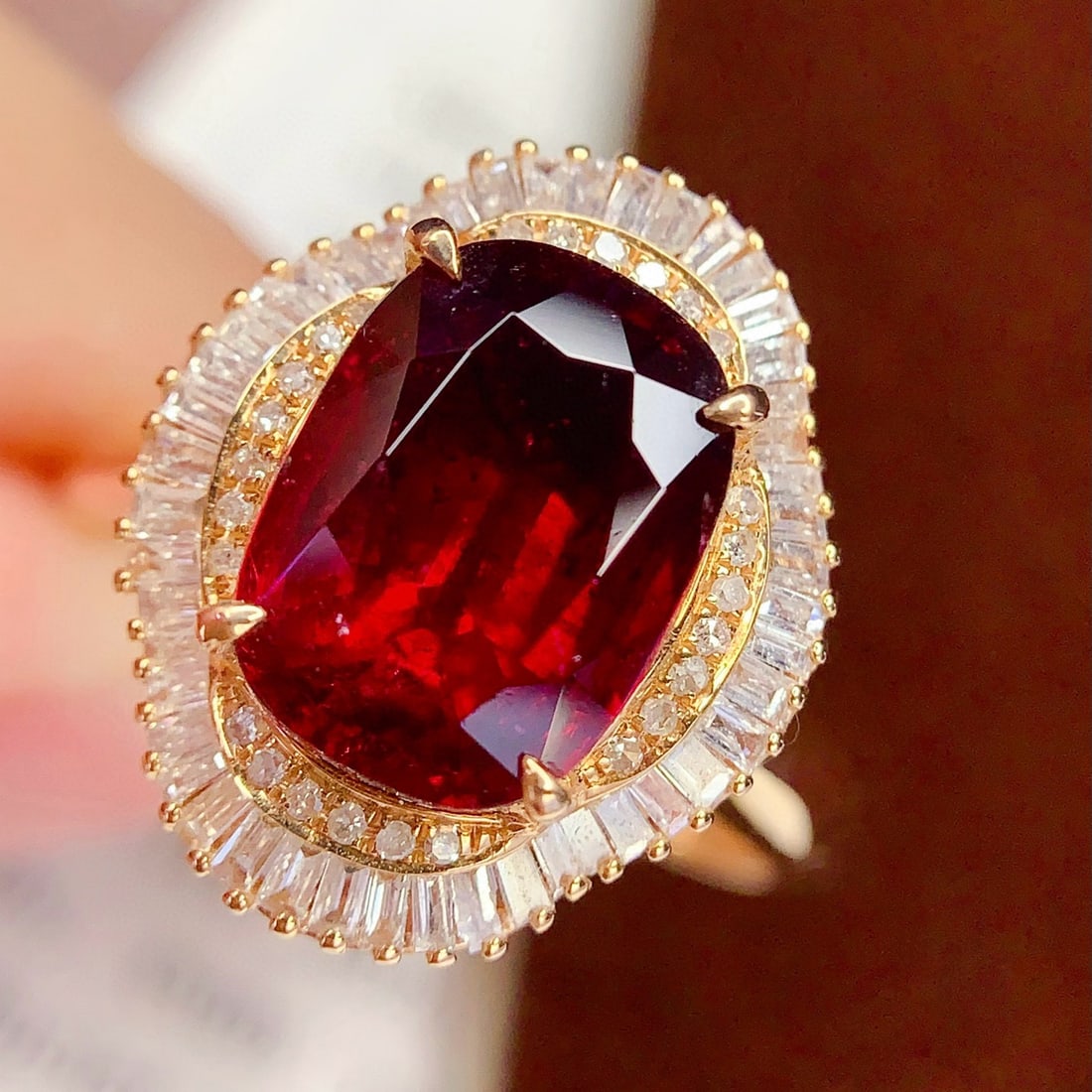 14k Gold 3.5 Ct Natural Tourmaline & Diamond Ring/pendant( Without Chain ): Ref:231030288 // gold content:14k gold // ring size:7. 25us // // main gemstone:tourmaline // shape:cushion // carat weight:3. 5ct // color:red // treatment:natural // // adjacent gemstone 2 : diamond