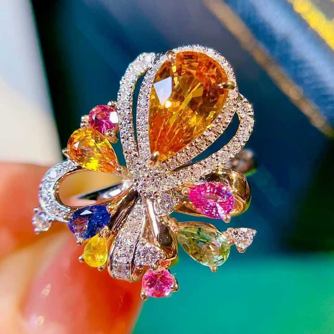 14k Gold 3.66 Ctw Natural Sapphire & Diamond Ring: Ref:231030310 // gold content:14k gold // ring size:7. 25us // // main gemstone:sapphire // shape:multiply // carat weight:3. 16ct // color:color // treatment:natural // // adjacent gemstone 2 :