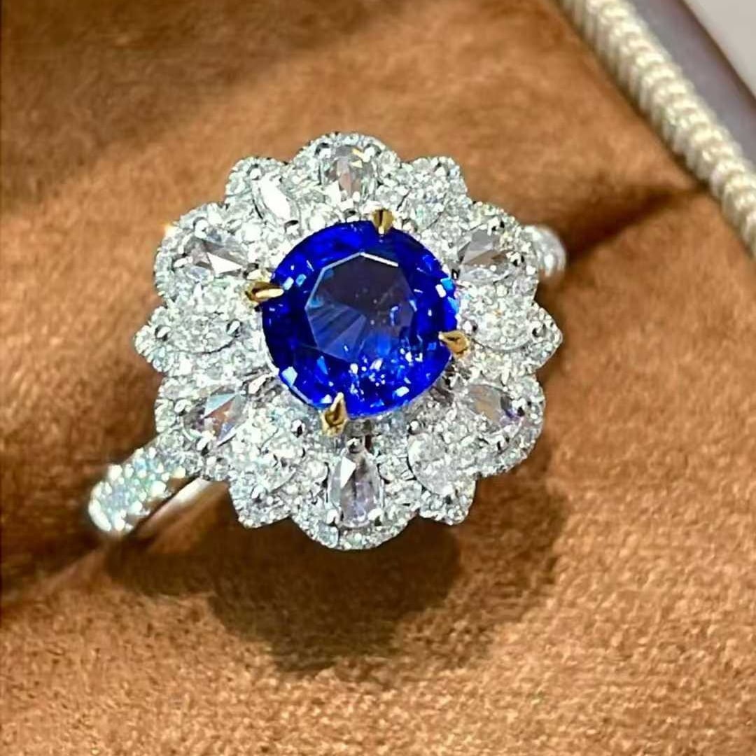 14k Gold 1.55 Ct Natural Sapphire & Diamond Ring: Ref:231030311 // gold content:14k gold // ring size:7. 25us // // main gemstone:sapphire // shape:round // carat weight:1. 55ct // color:royal blue // treatment:natural // cut grade:g // // adjacent