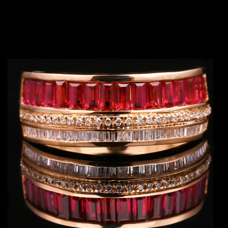 14k Gold 1.40 Ctw Natural Ruby & Diamond Ring: Ref:231030315 // gold content:14k gold // ring size:7. 25us // // main gemstone:ruby // shape:rectangle // carat weight:1. 1ct // color:red // treatment:natural // // adjacent gemstone 2 : diamond //
