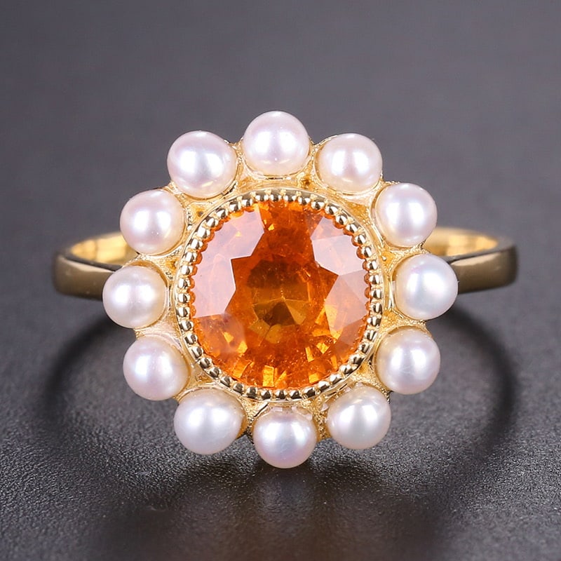 14k Gold 1.64 Ct Natural Spessartine & Pearl Ring: Ref:231030332 // gold content:14k gold // ring size:7. 25us // // main gemstone:spessartine // shape:round // carat weight:1. 64ct // color:orange // treatment:natural // cut grade:g // // adjacent