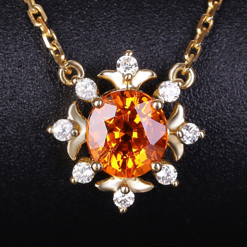 14k Gold 1.1 Ct Natural Spessartine & Diamond Necklace: Ref:231030333 // gold content:14k gold // main gemstone:spessartine // shape:oval // carat weight:1. 1ct // color:orange // treatment:natural // // adjacent gemstone 2 : diamond // shape:round //