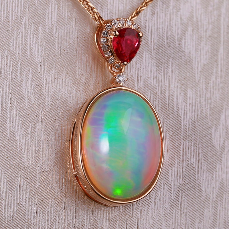 14k Gold 4.79 Ctw Natural Opal & Diamond Pendant( Without Chain ) - 4
