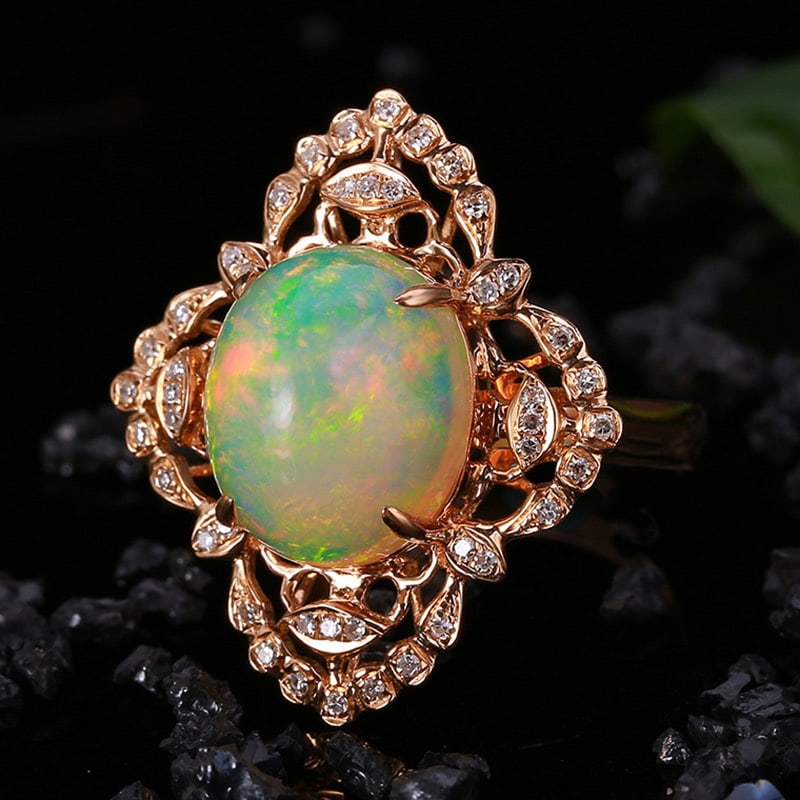 14k Gold 4.78 Ctw Natural Opal & Diamond Ring - 2