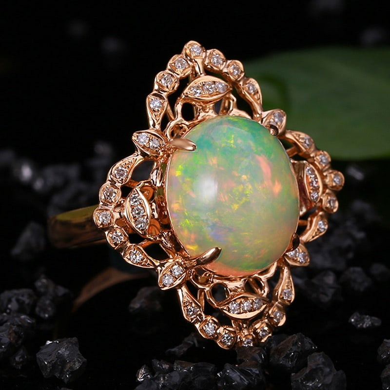 14k Gold 4.78 Ctw Natural Opal & Diamond Ring - 3