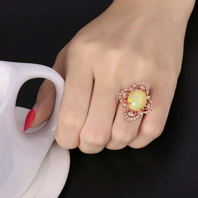 14k Gold 4.78 Ctw Natural Opal & Diamond Ring - 4